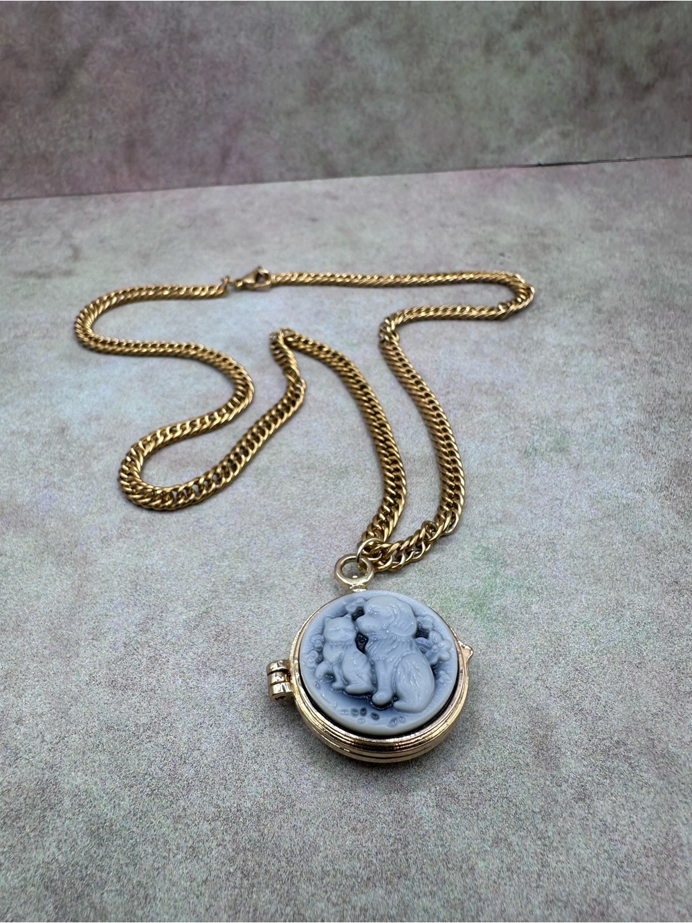 Gold-Tone Locket Necklace with Gray Cameo Cat Relief - Picture 4 of 7
